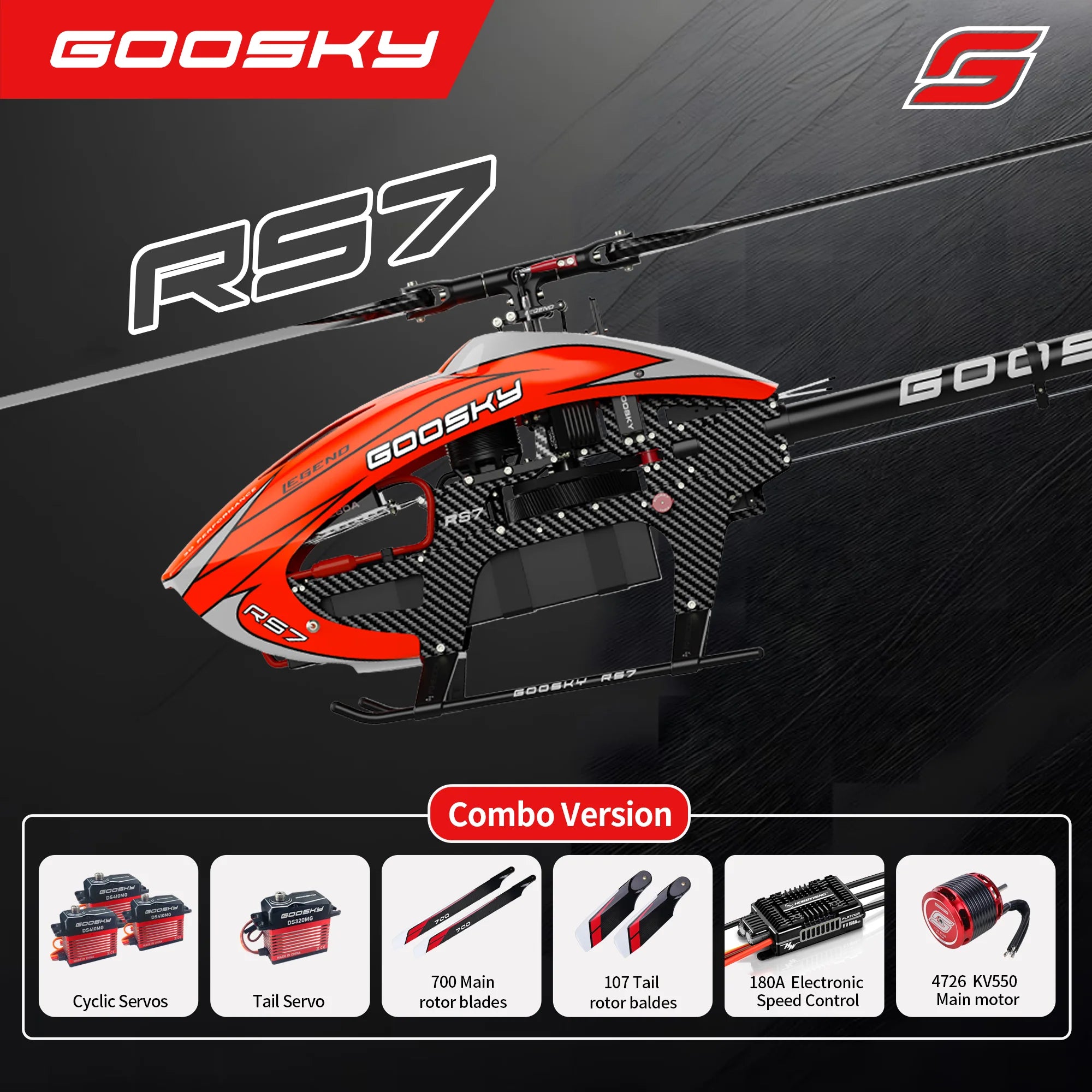 Helicóptero RC Goosky RS7 Profesional Kit de Fibra de Carbono 6CH